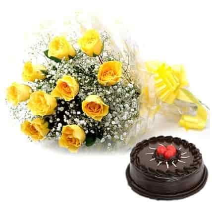 cake with yellow bouquet