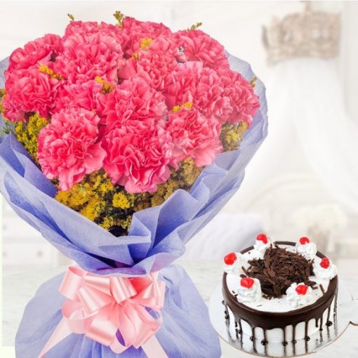 Choco Carnation 15 carnations with half kg black forest cake for valentine