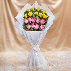 Fresh Yellow And Pink Roses Bouquet