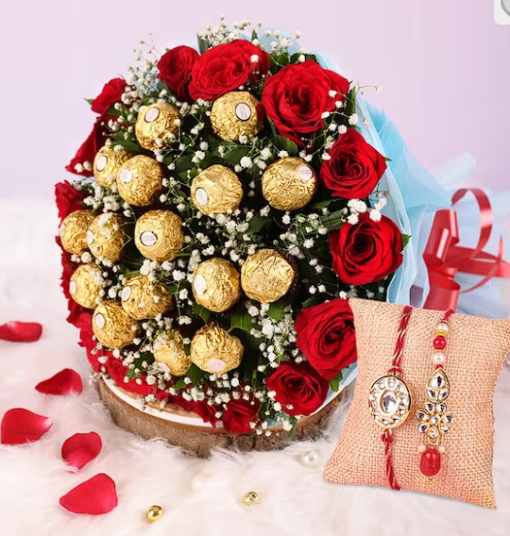 Ferrero Rocher & Roses Bunch With Rakhi