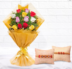Beautiful Rakhi And Mix Roses Bouquet