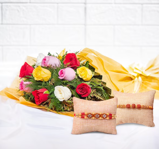 Beautiful Rakhi And Mix Roses Bouquet2
