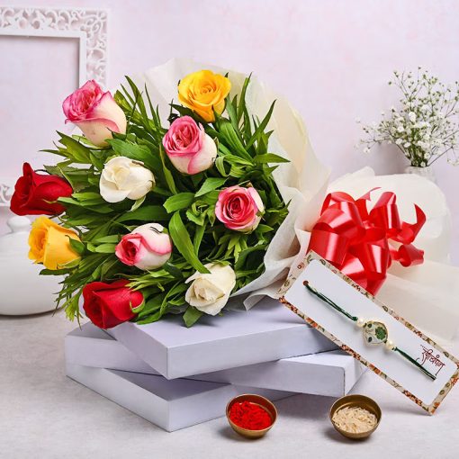 Colorful Rose Bouquet With Rakhi