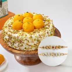 Kundan & Pearl Rakhi with Golden Motichoor Cake