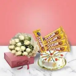 Butterscotch Delight Cake With White Roses Bouquet