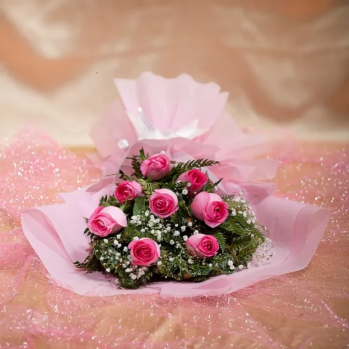 8 Pink Roses With Filler - Image 2