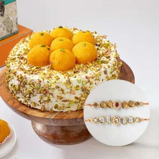 Kundan Pearl Rakhi with Golden Motichoor Cake