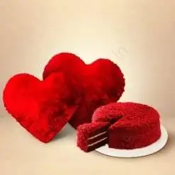 Red Velvet Cake With Red Fur Heart Ultra Soft Pillow Combo