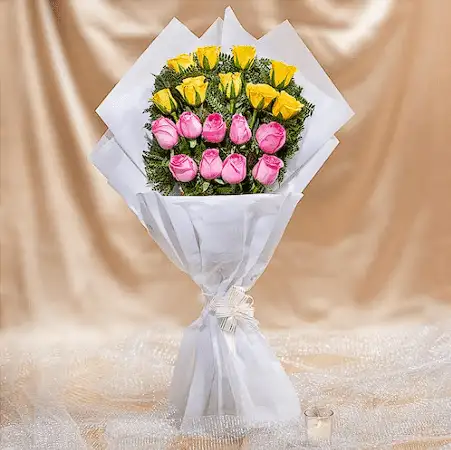 Fresh Yellow And Pink Roses Bouquet