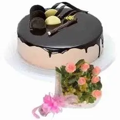 Delicious Chocolate Cake & Pink Bouquet