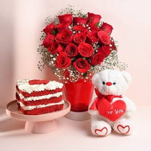 red velvet heart cake teddy bear n roses combo 9793650co A 0