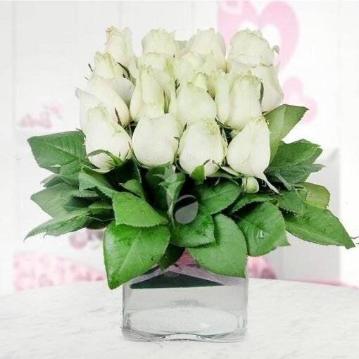 white roses with vase