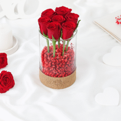Alternative view of 7 Red Roses with Red Gypsophila in Glass Arrangement