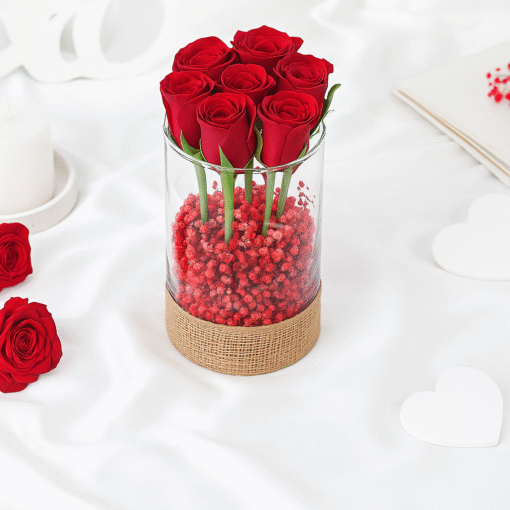 7 Red Roses with Red Gypsophila in Glass Arrangement - Image 2