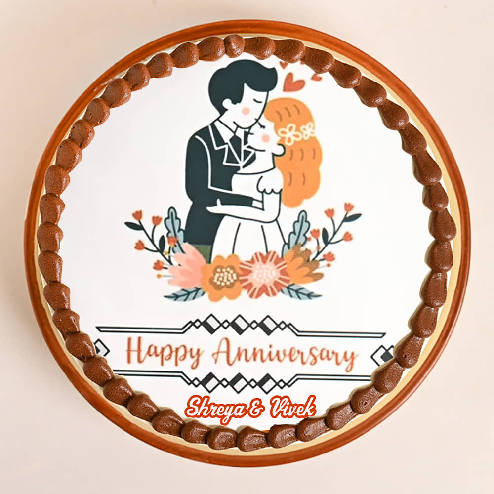 Anniversary chocolate photo cake top view