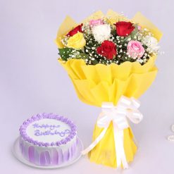 Mixed roses bouquet with vanilla cake combo