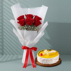 Six red roses bouquet with pineapple cake combo