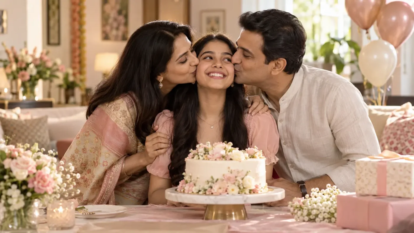 Parents celebrating Daughters Day 2026 with their daughter and a cake