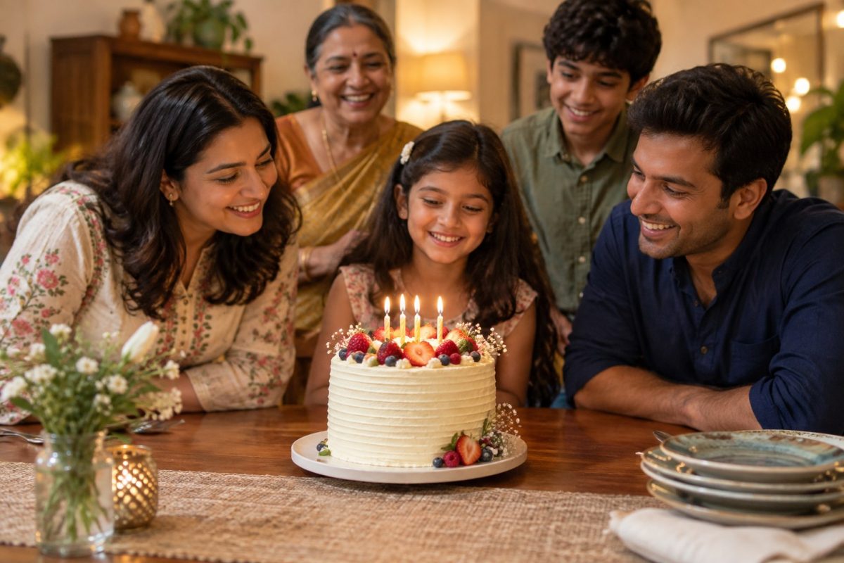 Family gathered around a celebration cake with glowing candles