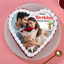Heart shaped red velvet photo cake top view