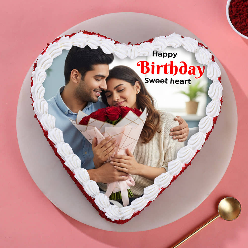 Heart shaped red velvet photo cake top view