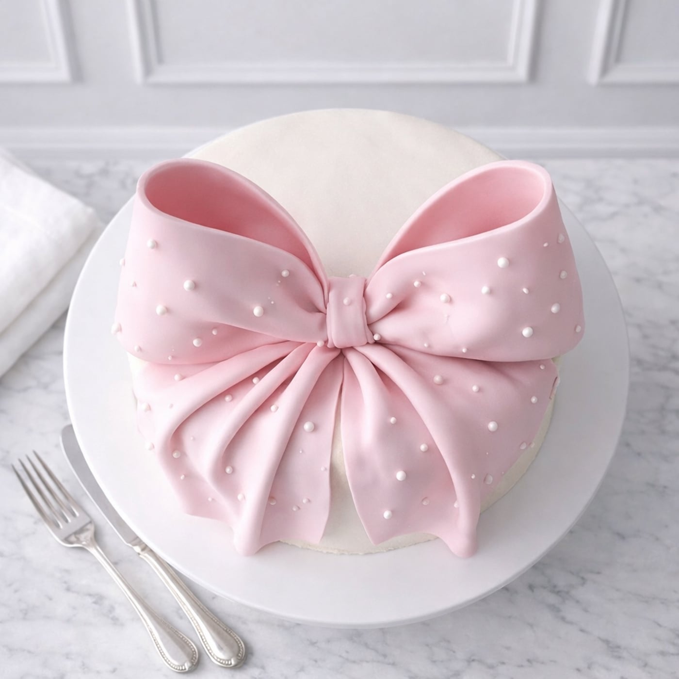 Pearl bow cake detail view