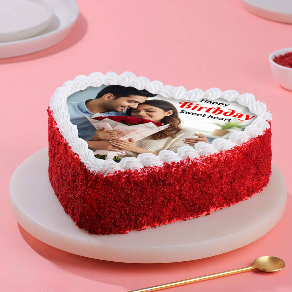 Personalised red velvet photo cake detail view