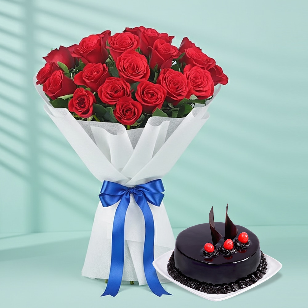 Chocolate truffle cake and a bouquet of fifteen red roses