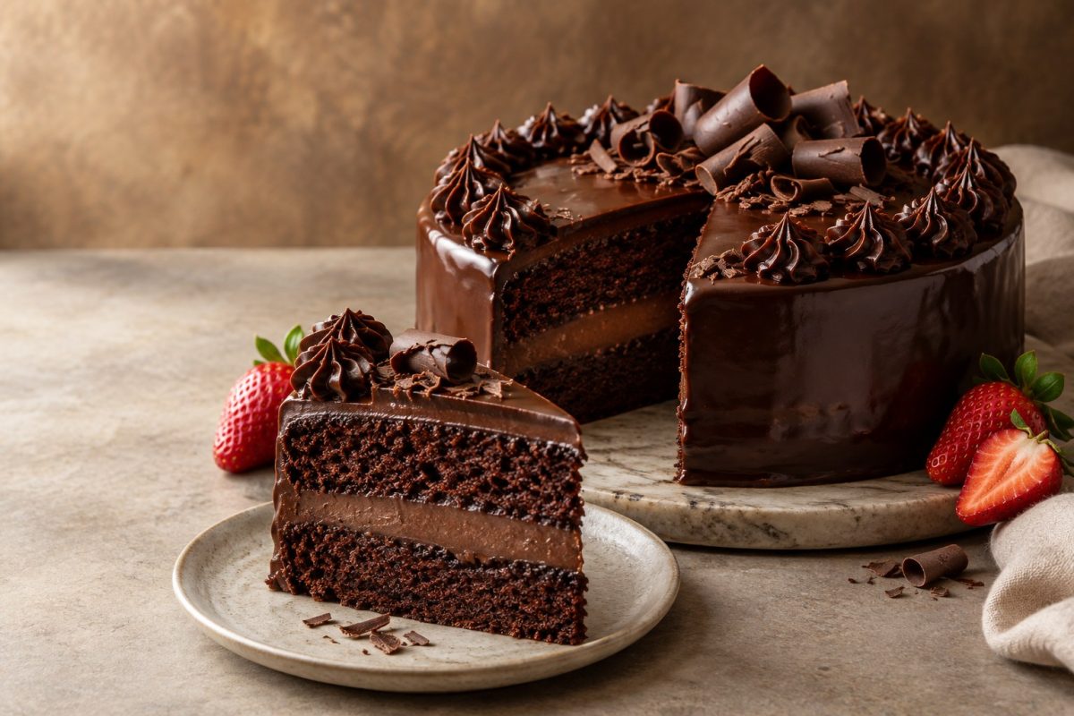 Eggless chocolate truffle cake with dark chocolate ganache, chocolate curls and a cut slice revealing moist sponge layers