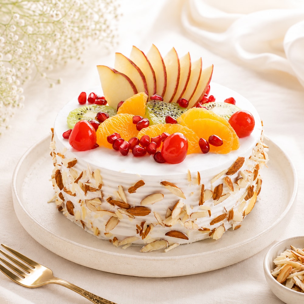 Vanilla cream cake topped with seasonal fresh fruit and crushed almonds