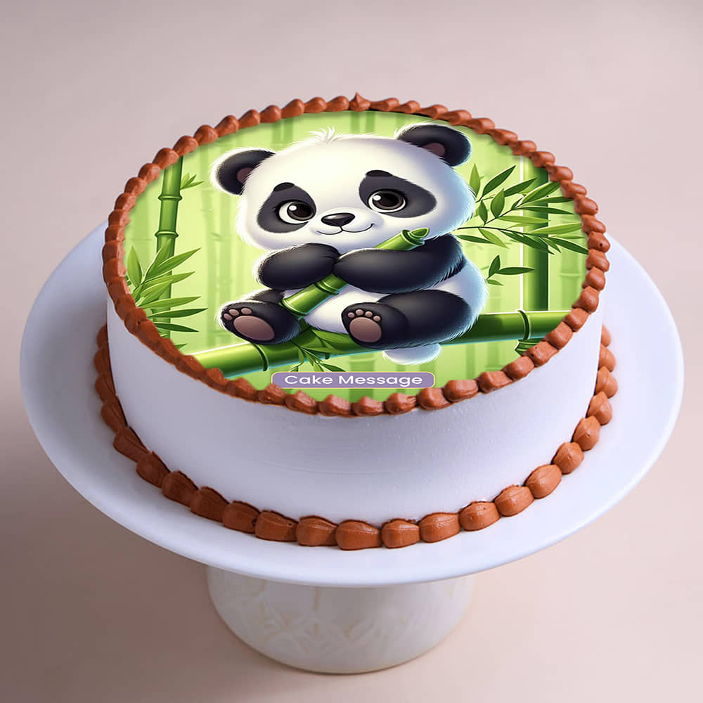 Playful bamboo panda cake angled view