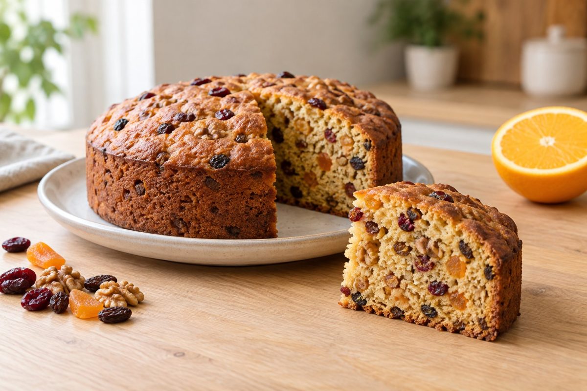 Sliced dried fruit cake with raisins, cranberries and apricots beside a fresh orange